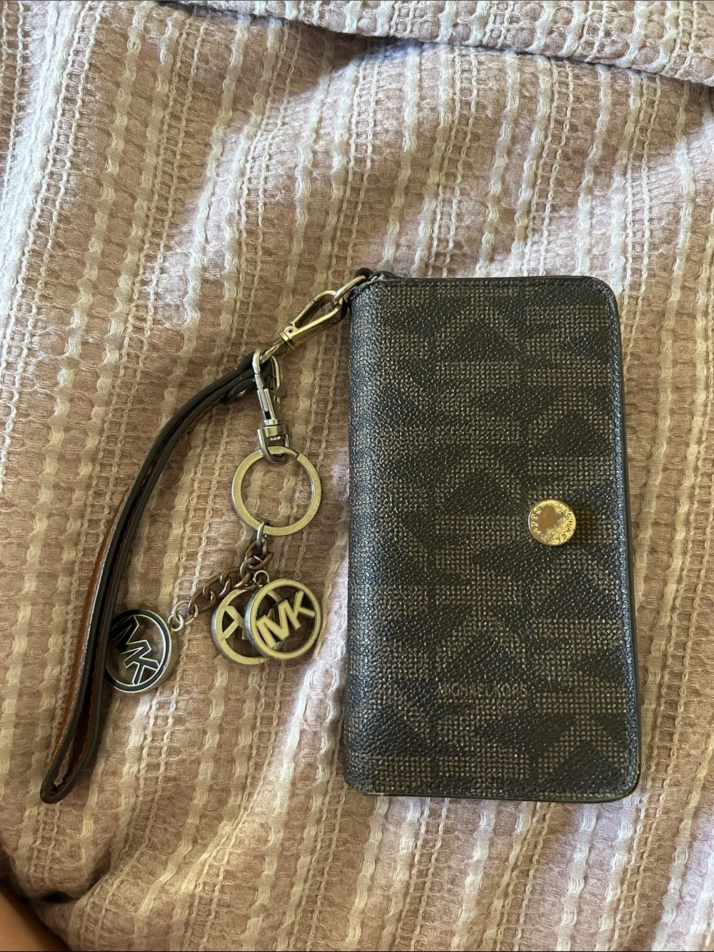 Michael Kors Brown Logo Wristlet Phone Clutch with Gold Accents